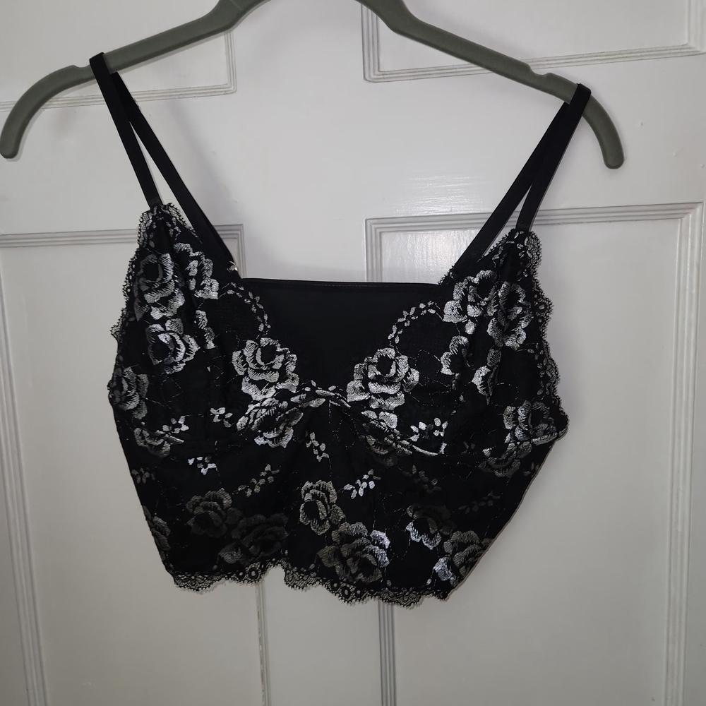 Floral Lace Black and Silver Bralette